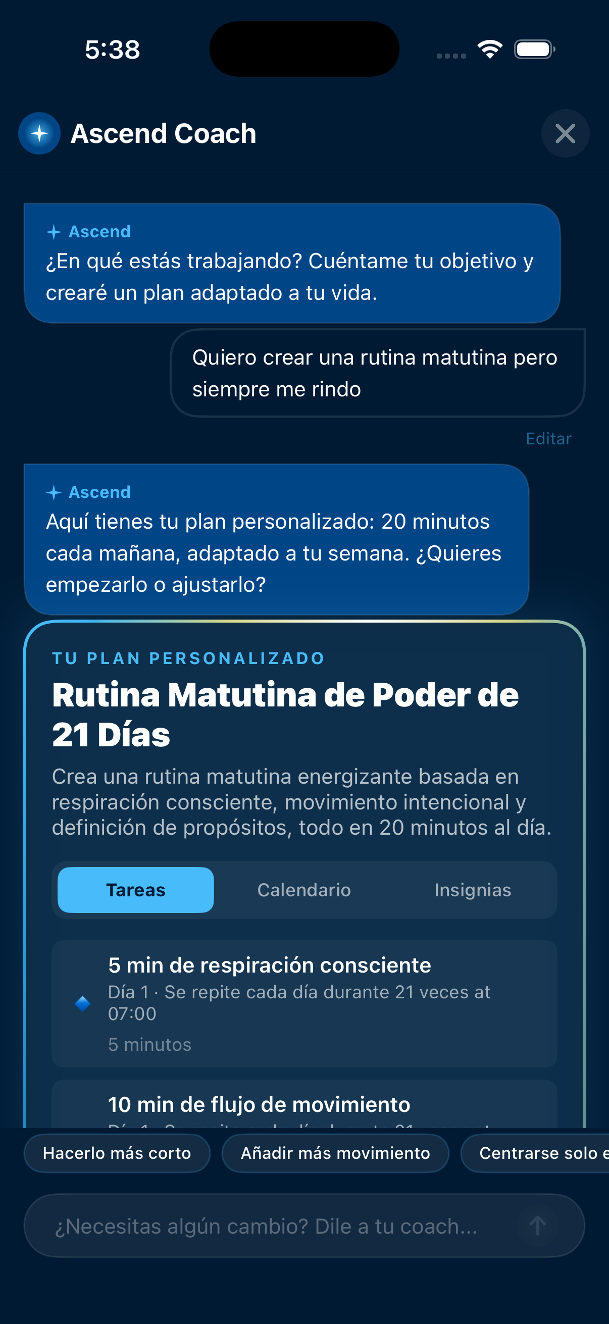 Captura de pantalla del Coach de Vida IA