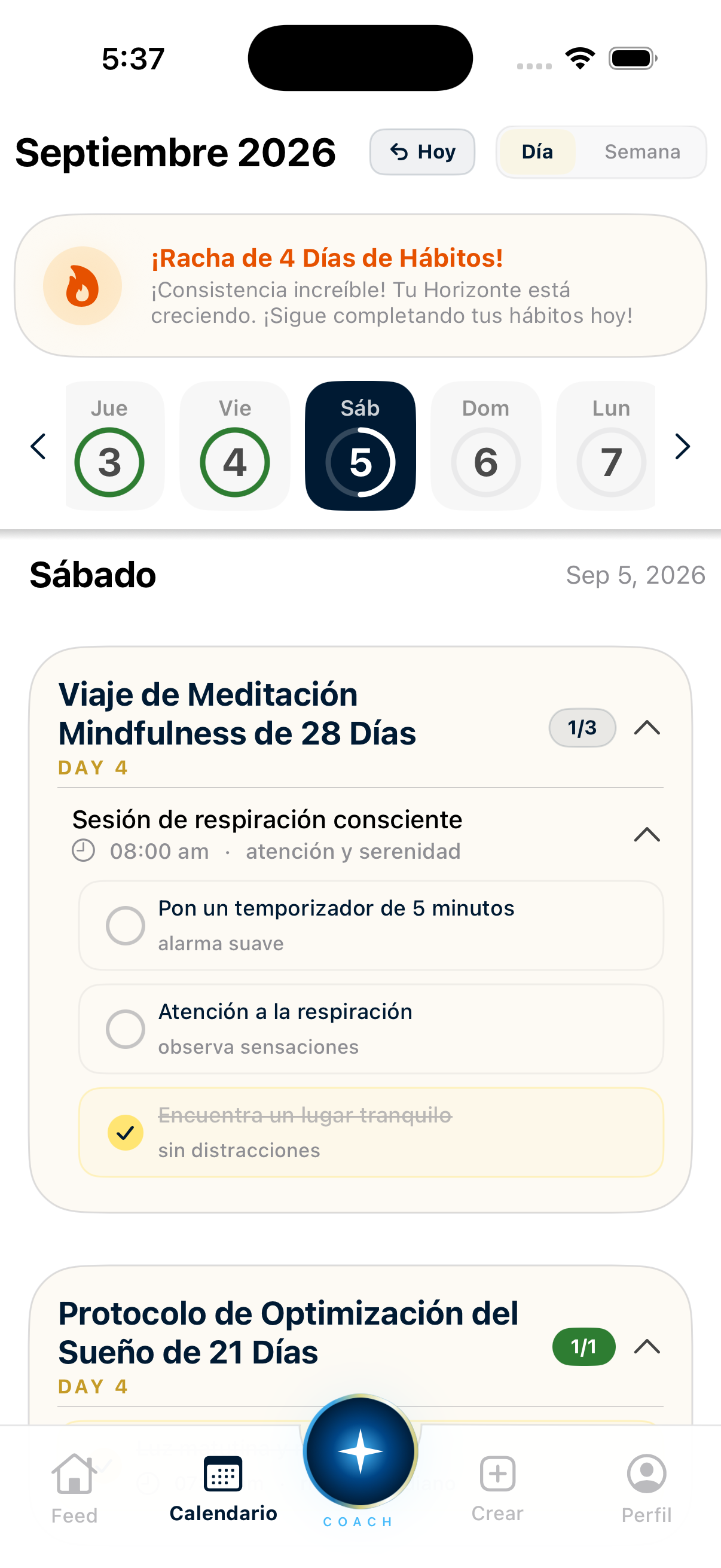 Captura de pantalla del calendario