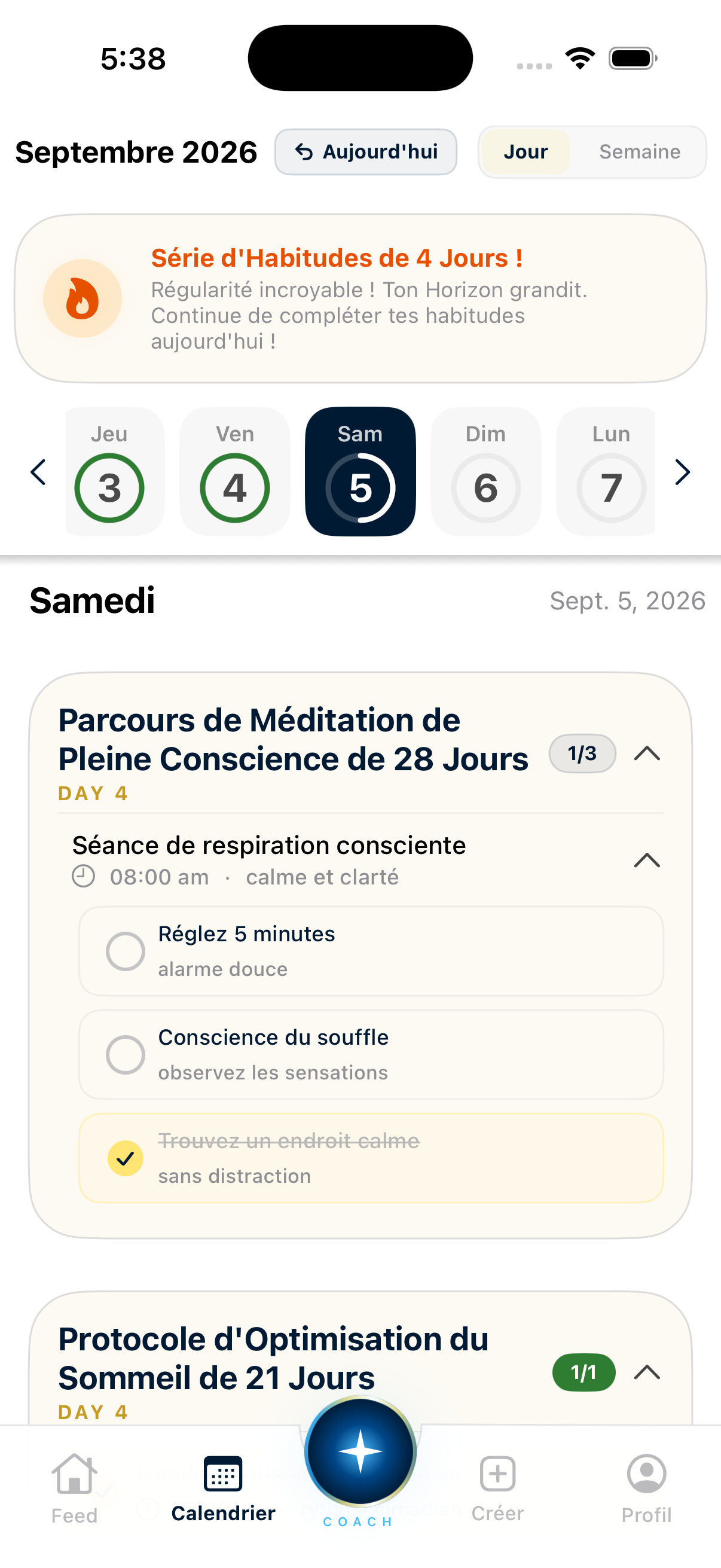 Capture d'écran du calendrier