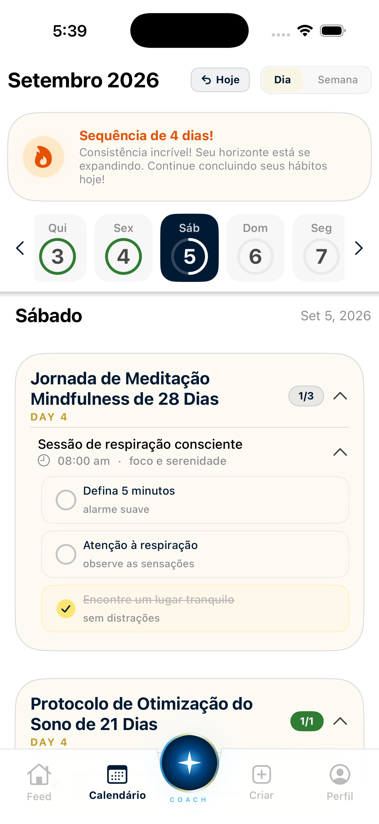Captura de tela do calendário